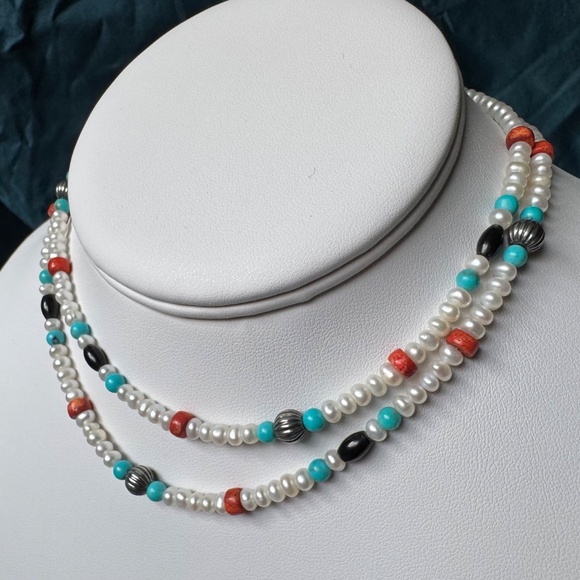 Vintage Carolyn Pollack Pearl Necklace Red Coral Turquoise American West 24" - Picture 3 of 14